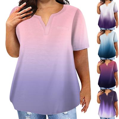 Camiseta feminina tamanho grande casual cor sólida decote em v manga curta bolso top