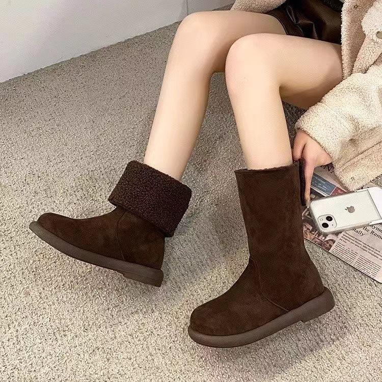 Pure leather two wear flanged flat heel medium boots women's winter plush snow boots warm cotton boots