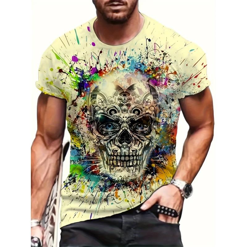 Men's Skull T-Shirt Colorful 3D Paint Splatter Graphic Printed Casual Short Sleeve O-Neck Pullover Streetwear Summer Tee Tops Male Clothing