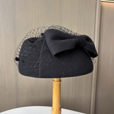 Autumn And Winter Bow Mesh Bud Hat Women'S High-End Sense Warm Felt Styling Top Hat British Style Stewardess Hat
