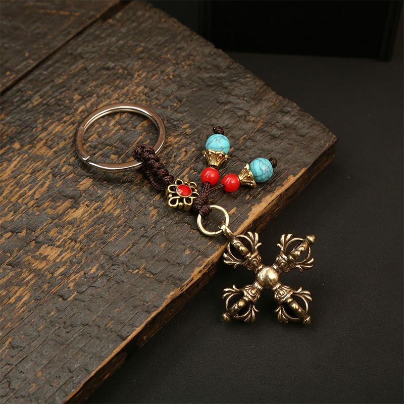 Vintage Copper Vajra Pestle Keychain Pendant Feng Shui Ornament Religious Buddha Home Decorations Antique Brass Desk Decors