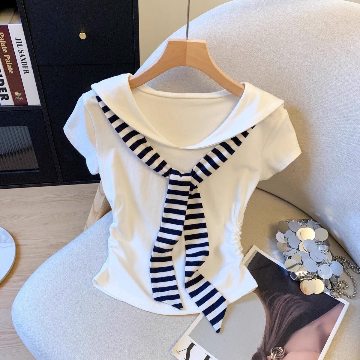 Navy collar striped shawl short-sleeved t-shirt women s summer new design sense fake two-piece splicing waist thin top XS белый