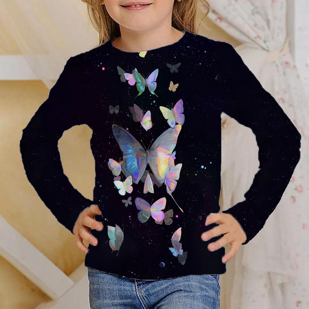 Spring and Autumn Round Neck Butterfly Pattern 3D Printed Top Fashionable Casual Long Sleeved Children's Girl T-shirts