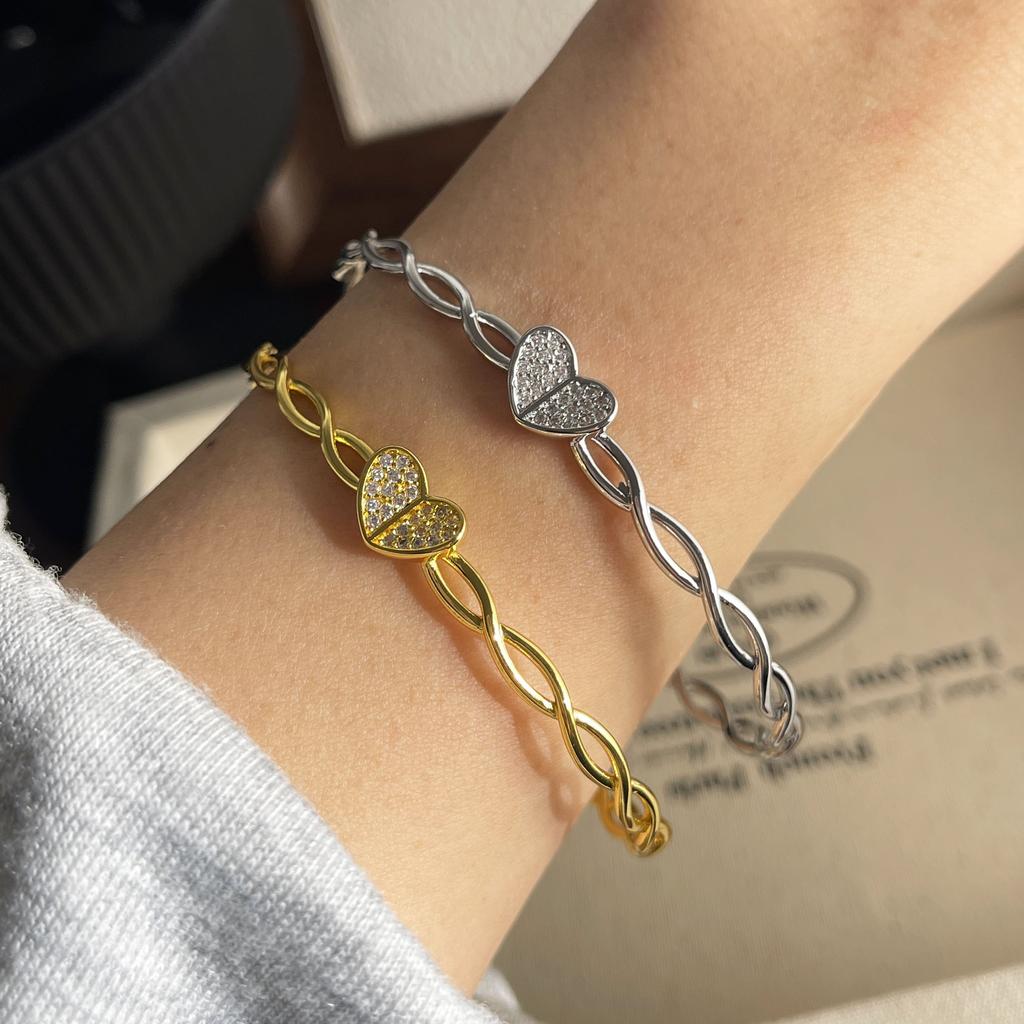 100% Solid 925 Sterling Silver Retro Bracelet for Women Men Vintage Handmade Gold Heart CZ Simple Bracelet Birthday Gift