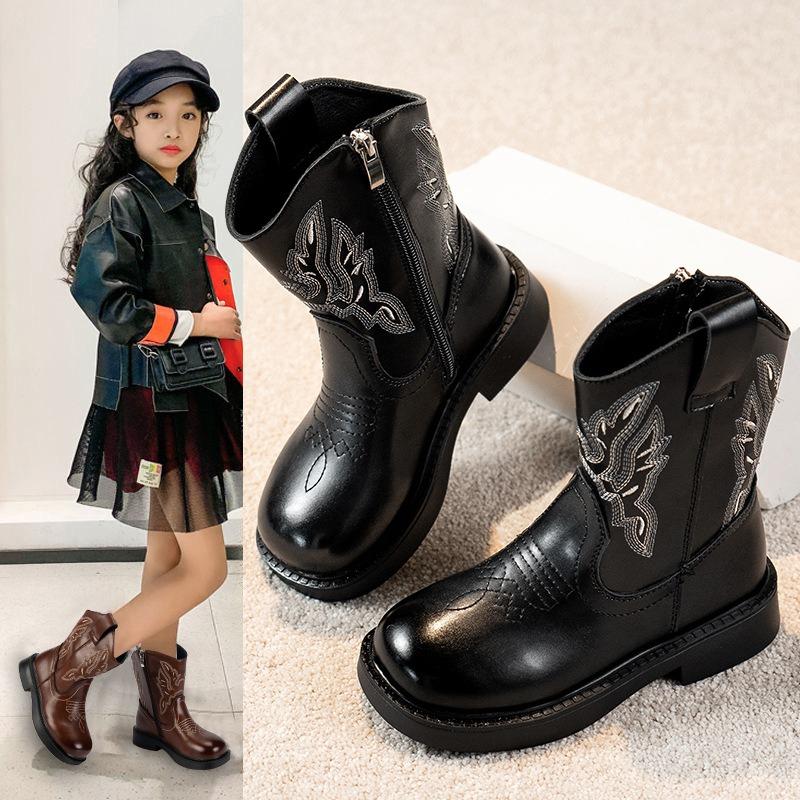 Children's PU Leather Boots Classic Western Cowboy Embroidery Girls Long Booties Kids Autumn Round Toe Retro Shoes Botas Niña