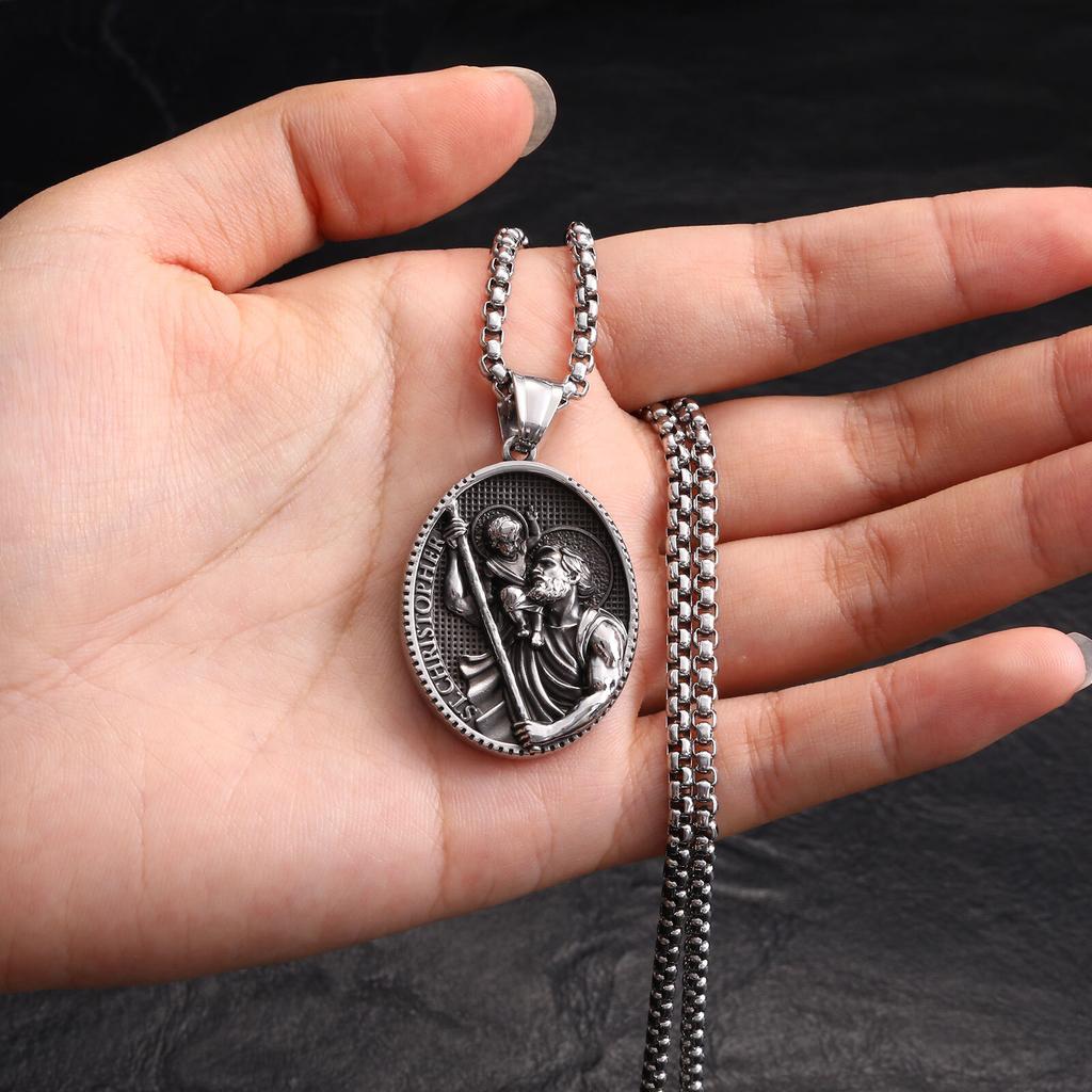 Vnox Stainless Steel Necklaces For Men Women Saint Christopher Elliptical Tag Black Pendant Classic Faith Jewelry Gifts