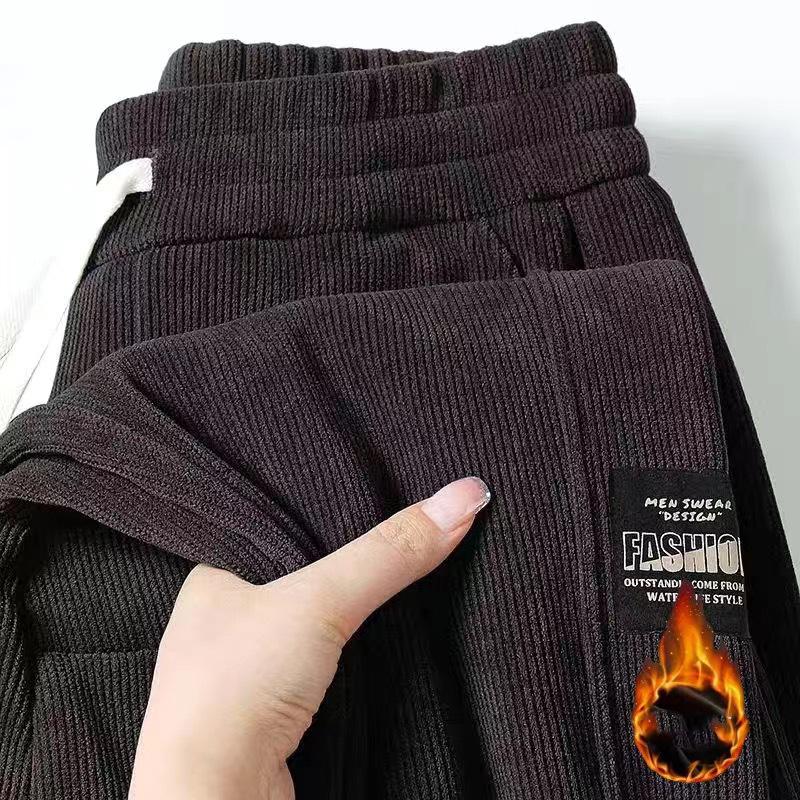 Men Cozy Corduroy Casual Trousers Loose Ties At The Legs, Autumn Winter Plus Size Plush and Thickened Versatile Sweatpants