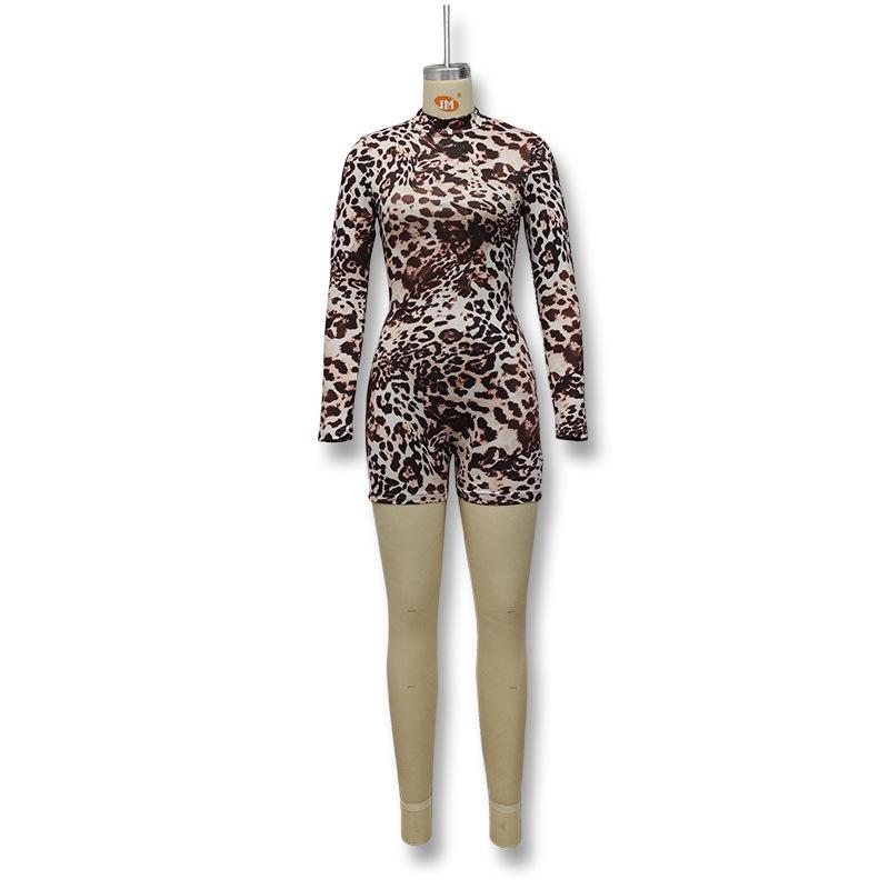 Sexy Jumpsuit im Pre-Fall-Spice-Stil für Damen, Rundhalsausschnitt, lange Ärmel, Leopardenmuster