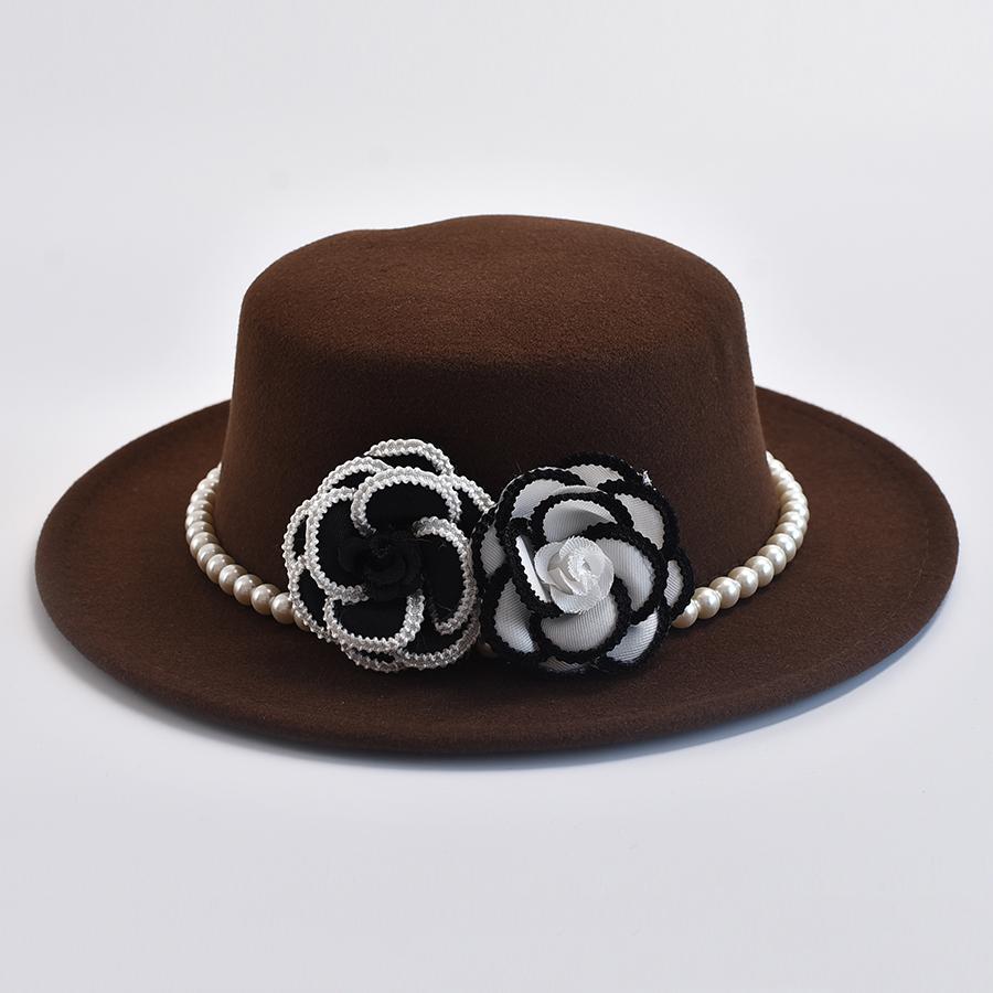 French Style Women's Pearl Chain Fedora Hat Autumen Winter Ladies Flat Top Felt Flat Top Hat