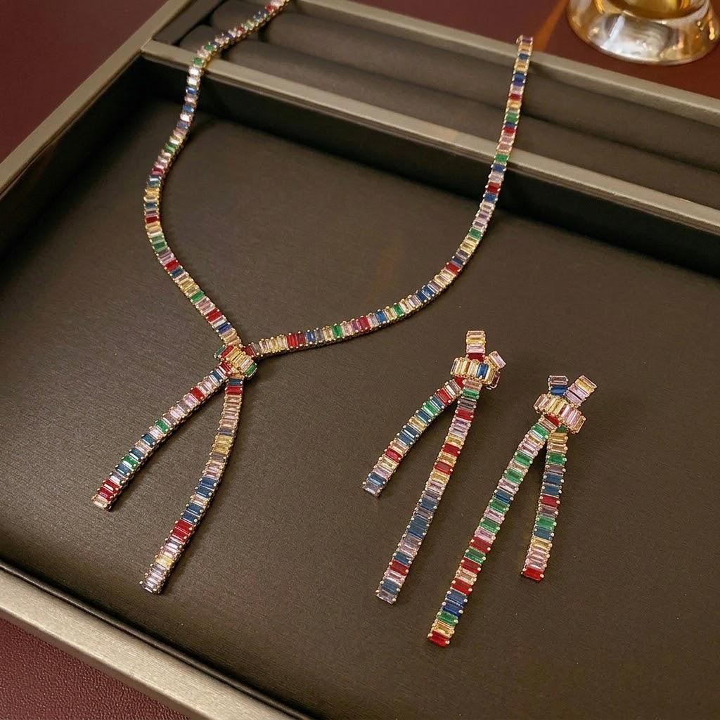 Colorful Bow Zircon Earrings & Necklace Set - Fresh Fashion Trend Jewelry
