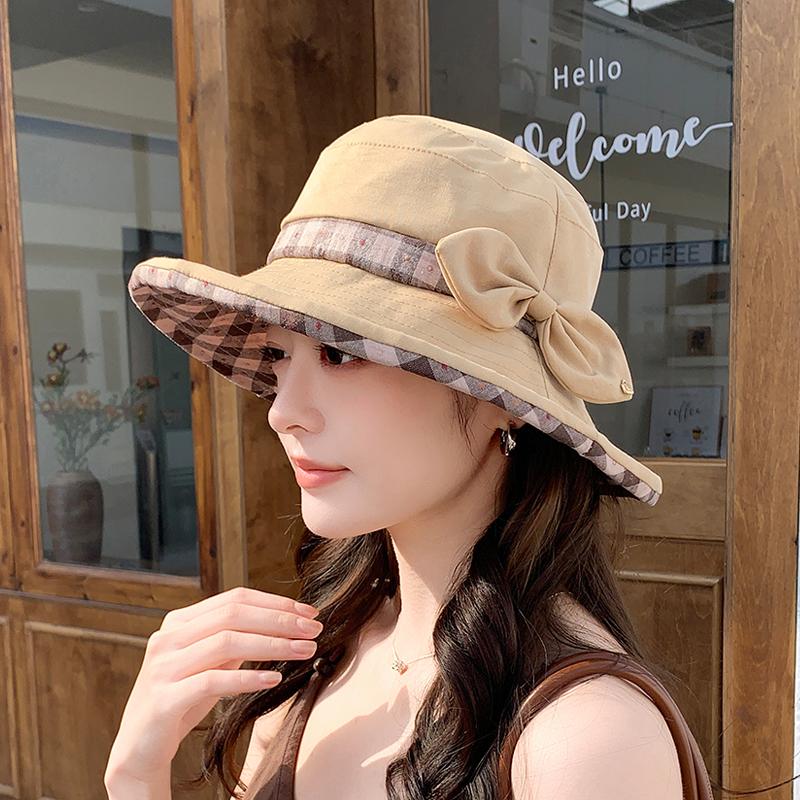 Summer Sunshade Hat for Women, Korean Version, Fashionable Contrasting Color Checkered Fisherman Hat, Tourist Large Eave Sun Hat
