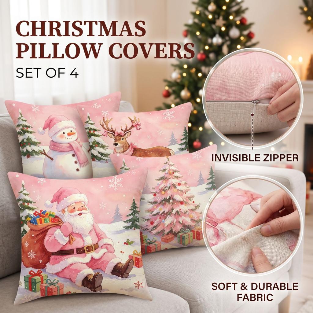 Set of 4 Winter Christmas Throw Covers with Snowman and Christmas Tree Print, Linen Cushion Cases for Sofa and Home Decor