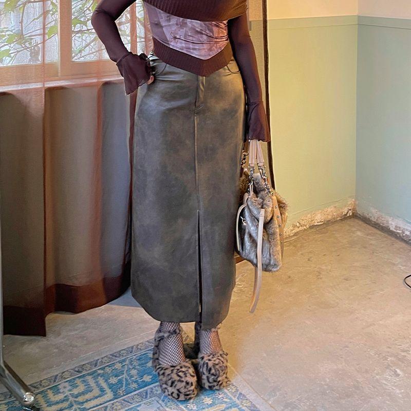 Nan Slightly Oversized Girls American Pu Skirt Women's Autumn New Arrival Plus Size High Waist Mid Length Long Length Split Retro Leather Skirt