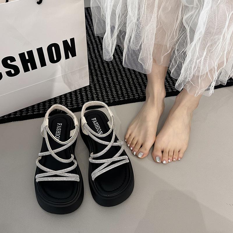 Summer new outer wear rhinestone platform sandals women's cross-strap high-end versatile elastic high-heeled strap sandals