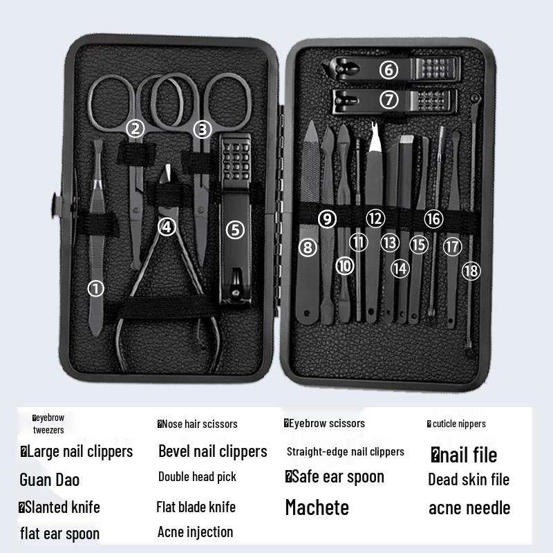18-Piece Black Stainless Steel Manicure Set with Nail Clippers