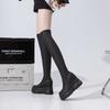 Fashion 11CM Microfiber Leather Platform Wedge Knee High Booties Women Autumn Slip On Spring Chimney Hidden Heels Over The Shoes