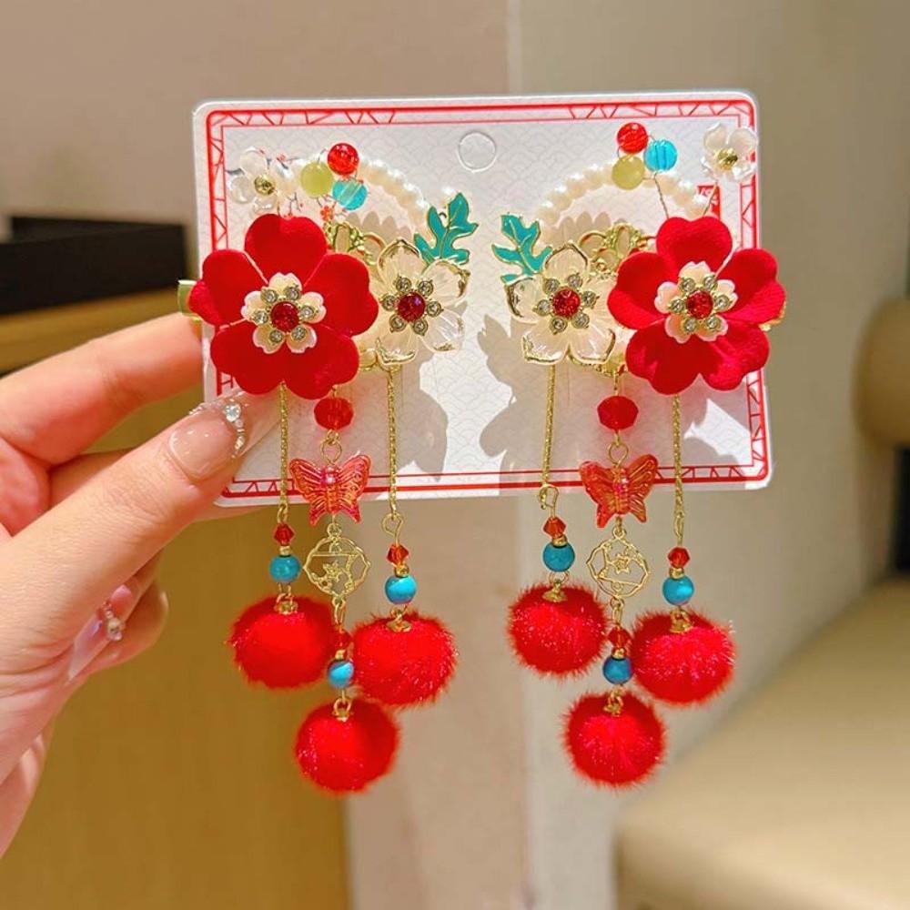 2pcs Bow New Year Tassel Barrettes Plush Ball Embroidered Bow Headwear Hanfu Hair Accessories  Kids