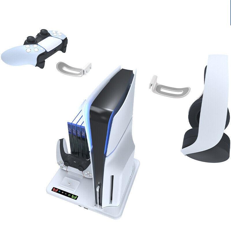PARA PS5 Slim con estación de carga y soporte de almacenamiento para 8 juegos con ventilador de refrigeración y estación de carga para controlador PS5