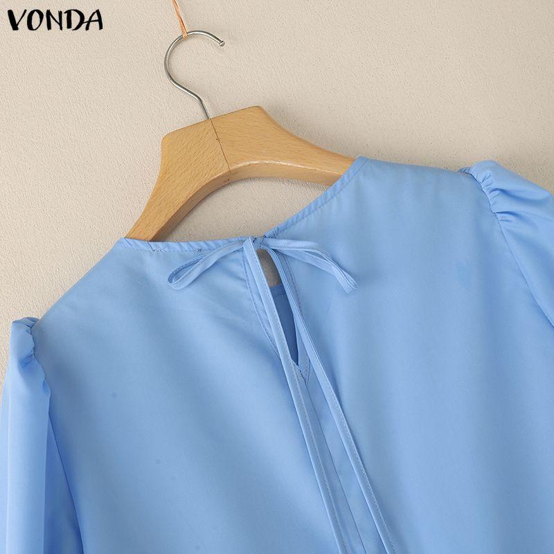 VONDA Damen Lässig Rundhals Puff Langarm Einfarbig Locker Bluse