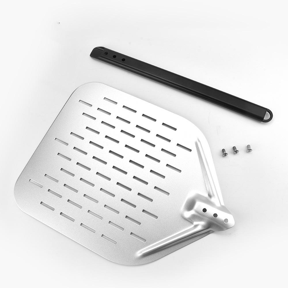 Kulatá perforovaná nerezová lopata na pizzu s dřevěnou rukojetí pro domácí pečení a přenos dortů