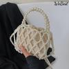 Fransız Retro Çanta Peri Dokuma Boncuklu Kova Çanta Crossbody Çanta Yaz Niş Tasarım Delikli İnci Çanta