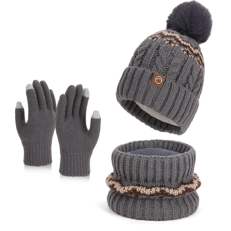 Winter hat, scarf, gloves, three-piece set, outdoor cold-proof and warm pullover hat, fleece ear protector, knitted wool hat for women