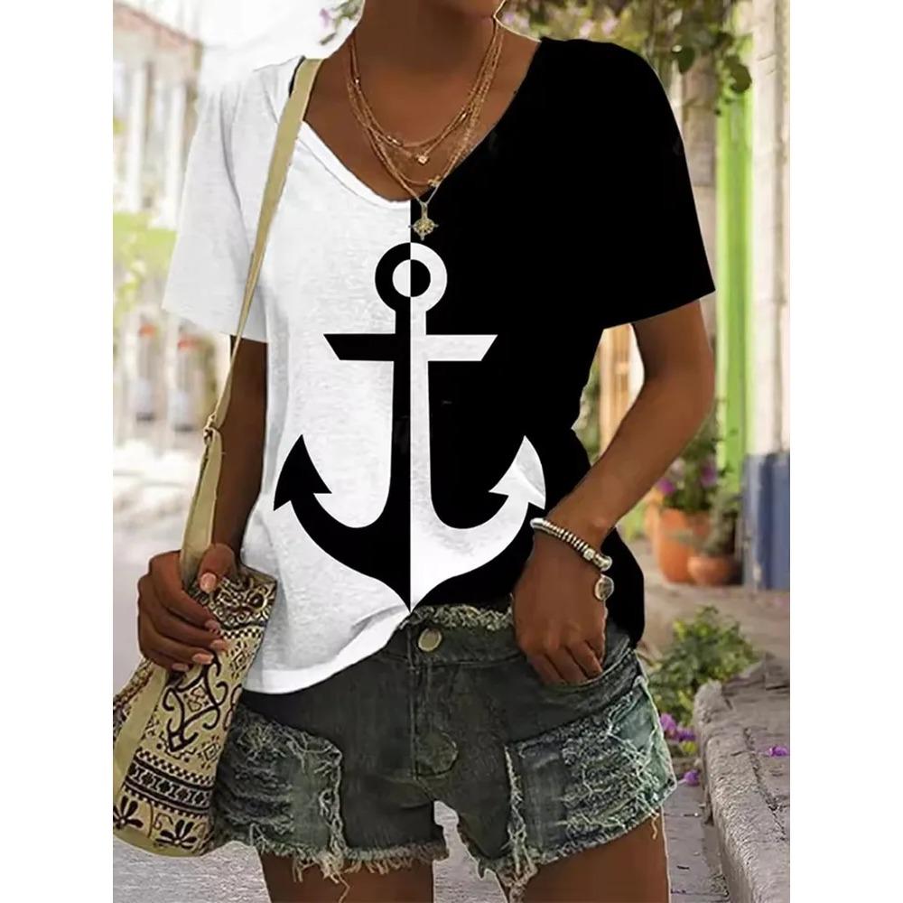 Stripe Printed T-shirt Fashionable Loose Short Sleeved Round Neck Versatile Comfortable Women's V-neck T-shirt