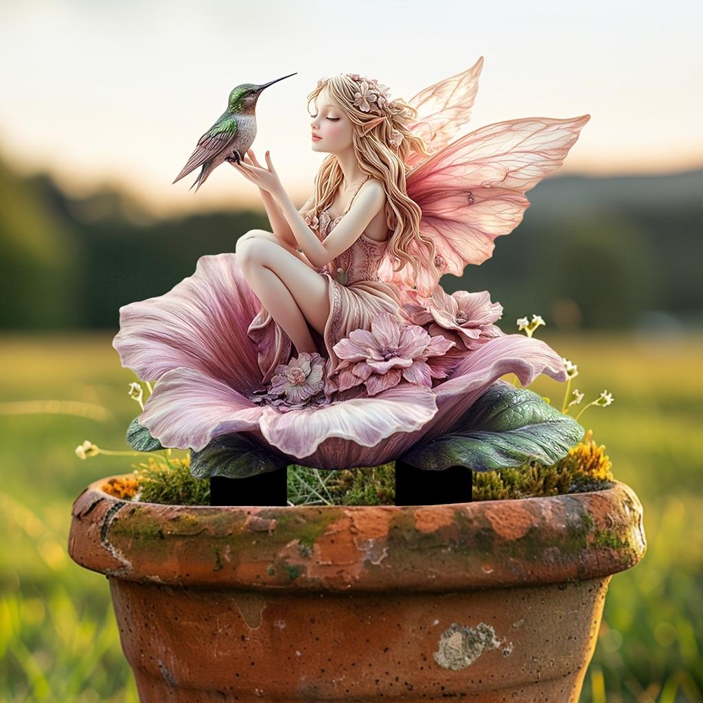 Exquisite, Fairy and Hummingbird, Garden Card Insertion, Indoor and Outdoor Garden Decorat, Acrylic Decorat, Waterproof and Wear-resistant Insertion