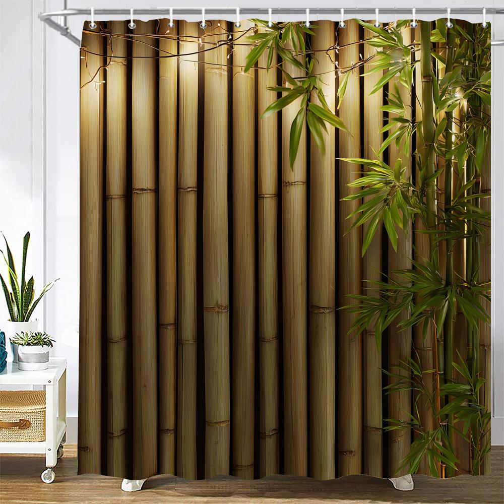 

Green Plant Bamboo Shower Curtain Bath Curtain Polyester Fabric Leaves Printed Bathroom Curtains for Home Decoration Curtain W90xH180cm