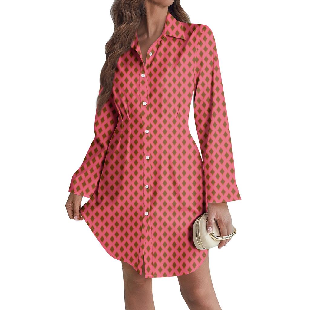 Women's Loose-fitting V-neck Long-sleeved Dress Print Work Shirt Dress
