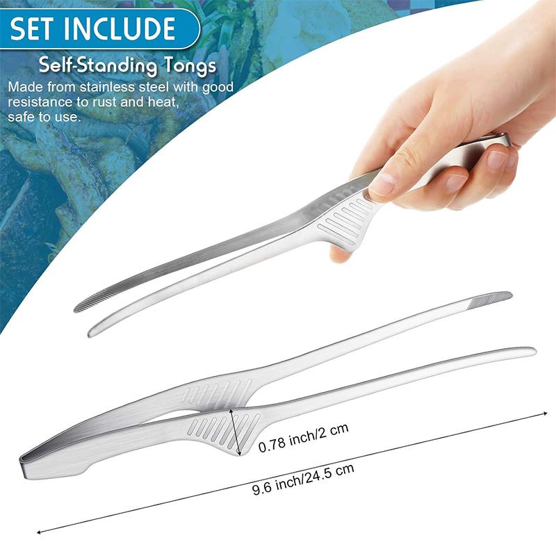 LMETJMA Stainless Steel Grill Tongs Patelai Korean and Japanese BBQ Tongs Non Slip Food Tongs Kitchen Self-Standing Tongs JT502