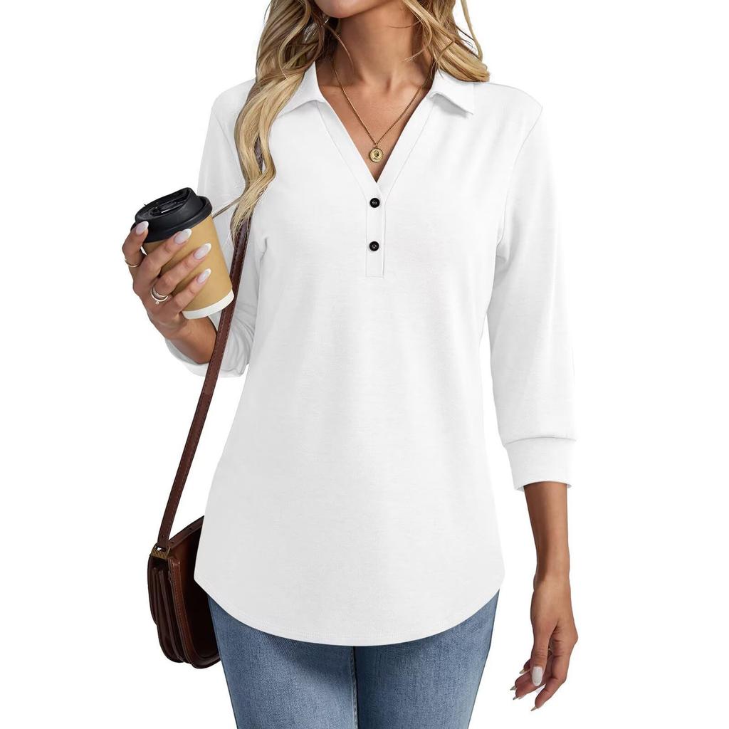 Women's Fashion Casual Lapel Short 3/4 Sleeve Color Shirt Women's Up Tops