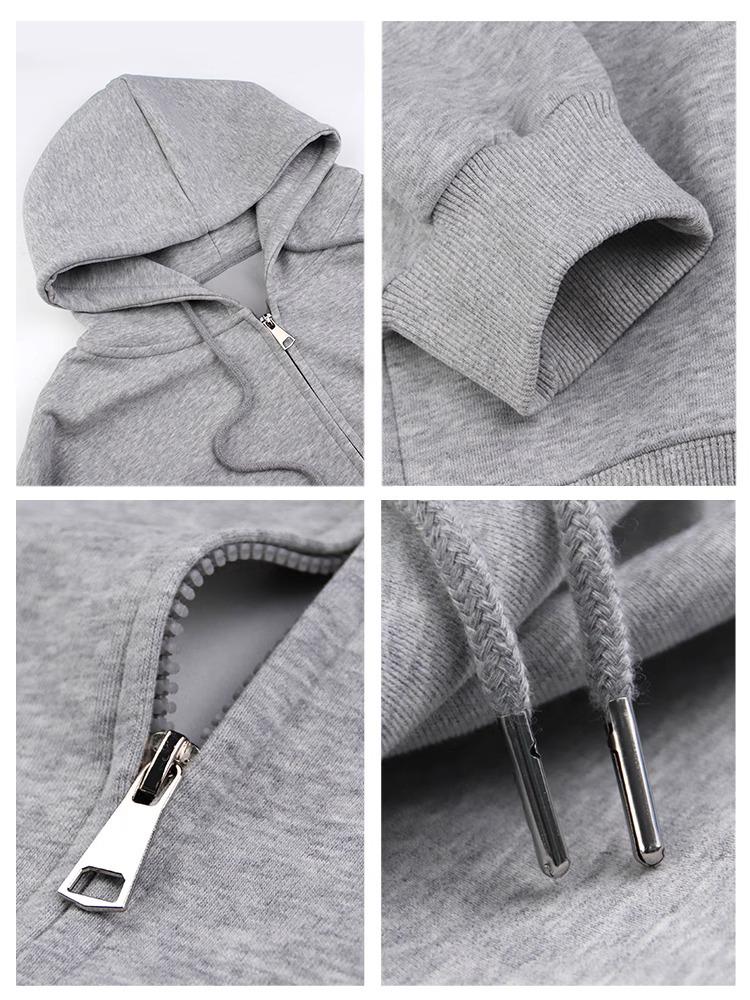 Gray Slim Fit Petite Korean Style Zip-Up Hooded Cardigan for Women, Ideal for Early Autumn/Spring Upper Outerwear