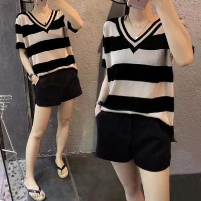 Women's Fashion Casual Summer Spring Stripe Print Short Sleeve V-Neck Trousers Pants Suits