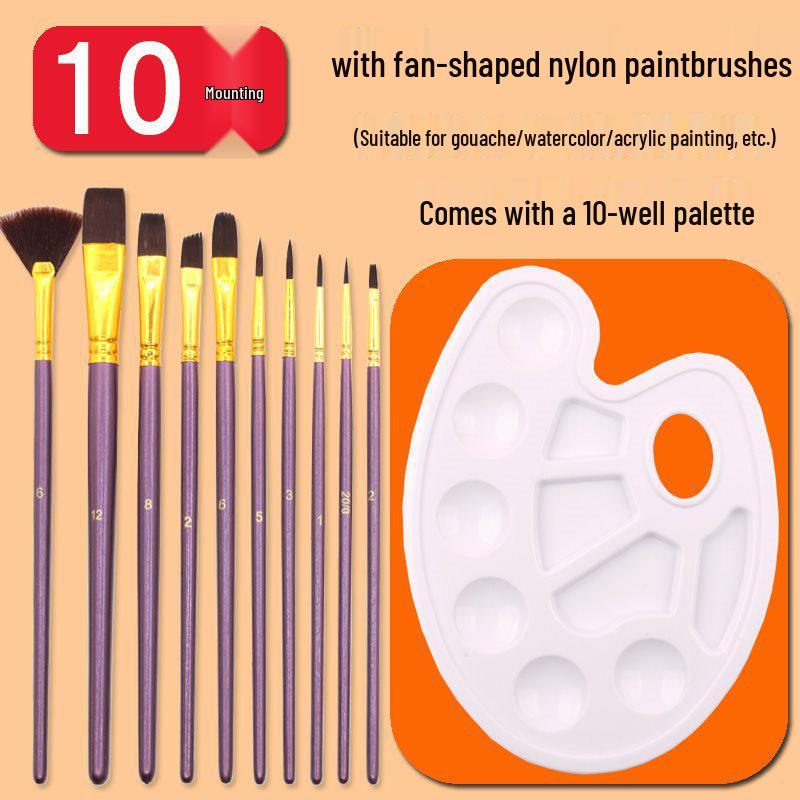 10-Piece Nylon Gouache & Acrylic Paintbrush Set for Students