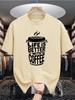Men's Summer Pure Cotton Casual Loose Coffee Accompanies A Better Life, Printed Comfortable Round Neck Short Sleeved T-shirt Top