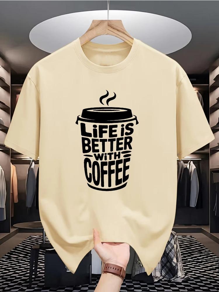 

Men s Summer Pure Cotton Casual Loose Coffee Accompanies A Better Life, Printed Comfortable Round Neck Short Sleeved T-shirt Top S разноцветный