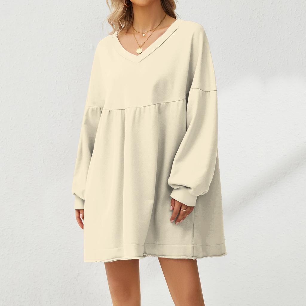 Women's Fashion Casual Large Solid Color Sweatshirt V-Neck Long Sleeve Loose Dress