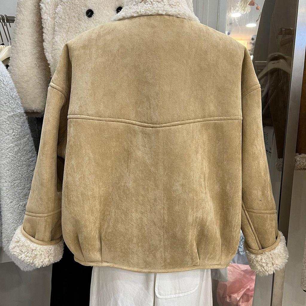 2025 Winter European Suede Lambswool Coat: Warm, Loose, Leather & Fur Blend Jacket