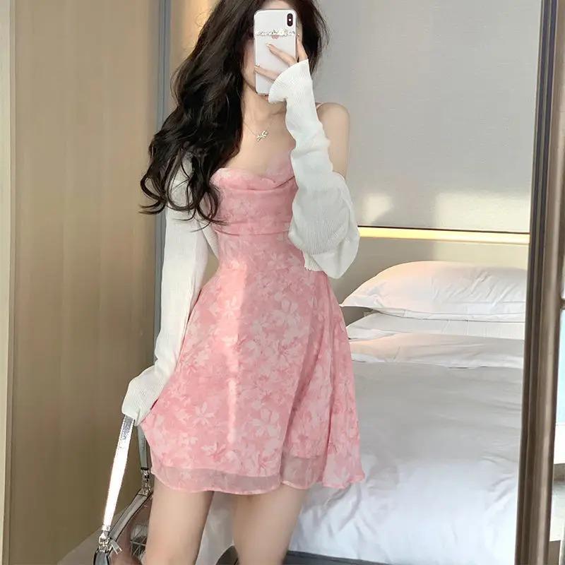 Y2K Pink Romantic Floral Spaghetti Slip Dress Women 2022 Summer Slim Elastic High Waist Party Club Mini Dresses