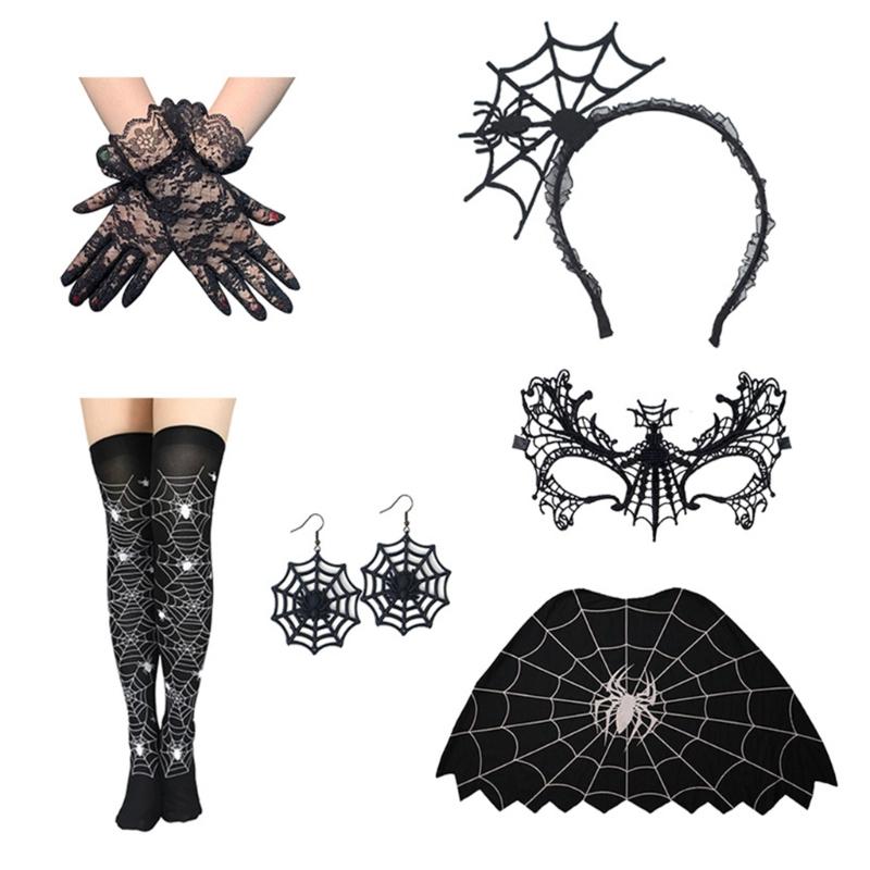 Spiders Web Poncho Dress Lace Gloves Earring Headband Stockings for Halloween Party Spiderweb Costume Accessories