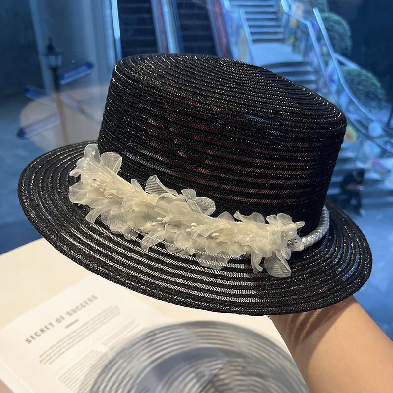 Summer New Flat-top Mesh Gauze Hat Women's British Retro French High-end Pearl Flower Decoration Elegant Outdoor Sun Protection