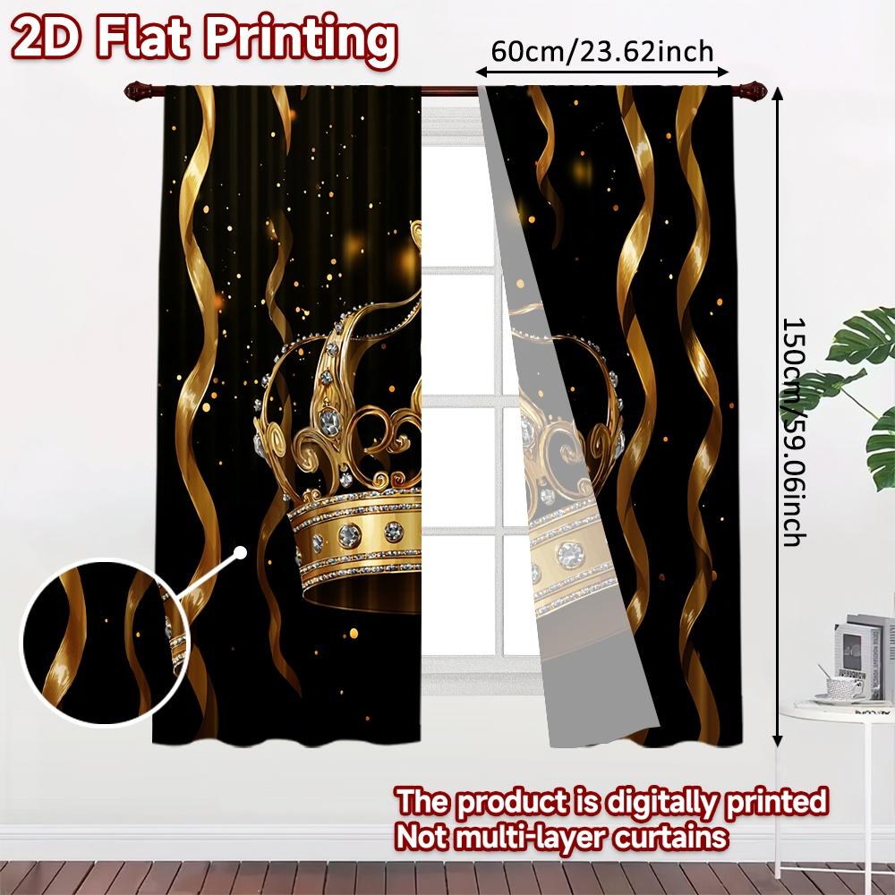Set Of 2 Flat Printing Scene Curtain Golden Royal Crown Digital Printed Polyester Drapes Family Party Decoration Living Room Curtains Made Great