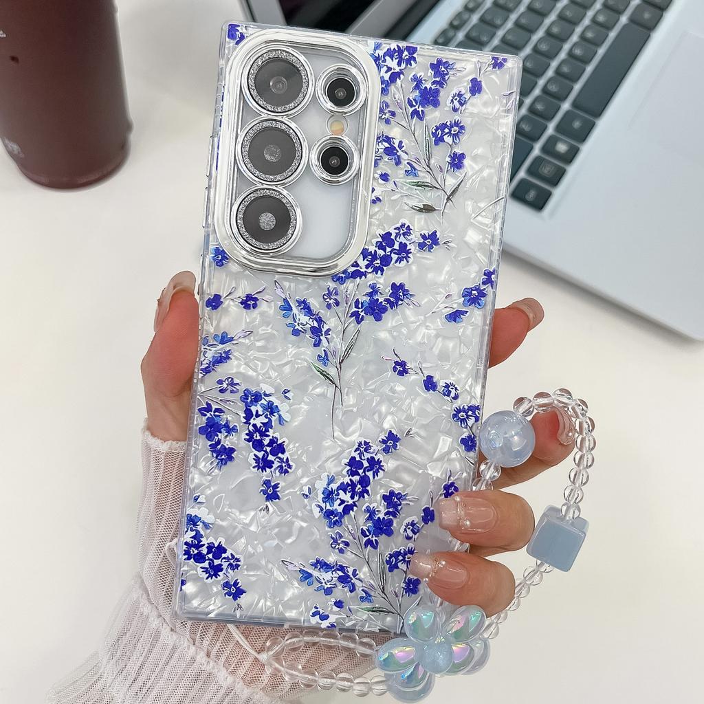 Suitable for Samsung S25 Ultra Mobile Phone Case Electroplated Flower and Grass S24FE with Bracelet Flash Powder Lens Film A56 Protective Case