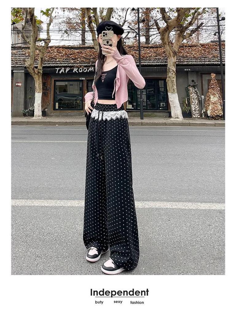 Women's High-Waist Polka Dot Lace Patchwork Wide-Leg Pants - Spring 2025 Collection
