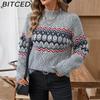BITCED Jacquard Herbst/Winter Pullover mit halbohem Kragen Damen Casual Langarm Strickoberteil