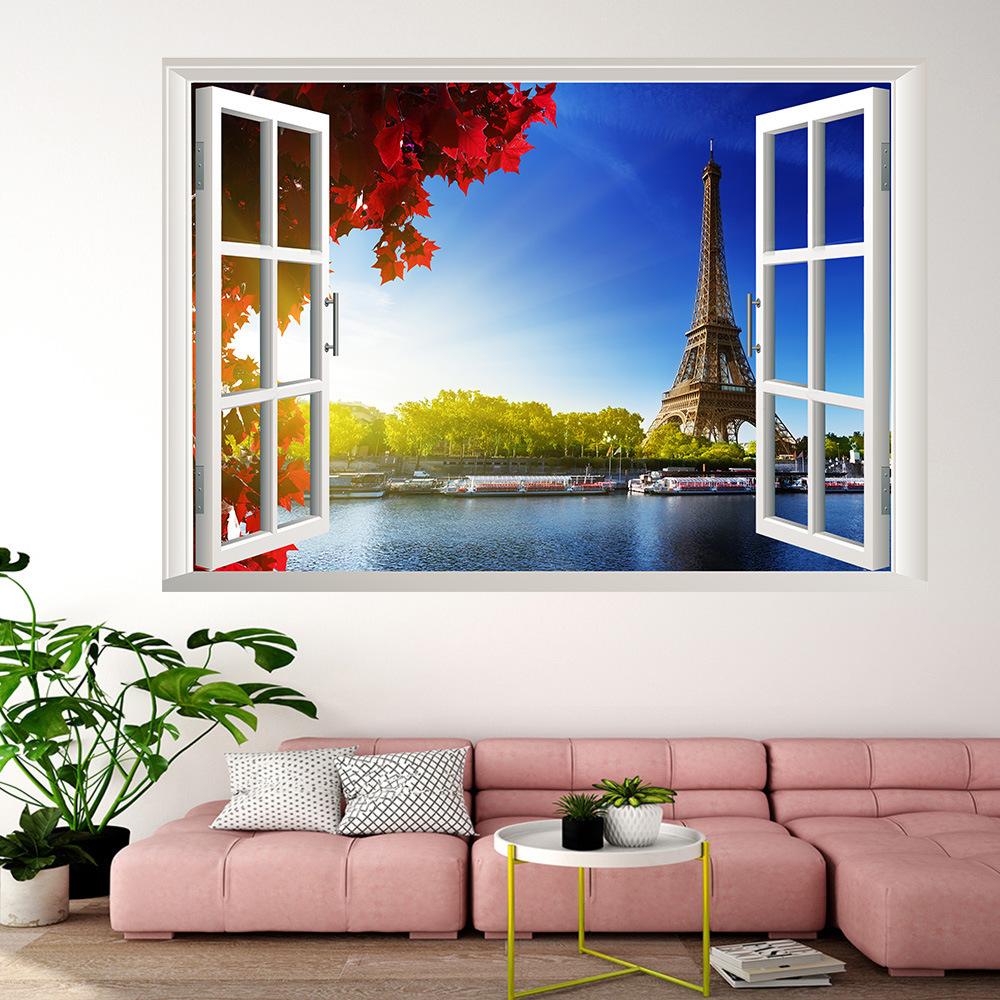 57*90cm 3D Natural Scenery Eiffel Tower False Window Wall Painting Living Room Bedroom Removable Wall Sticker Hoom Decor