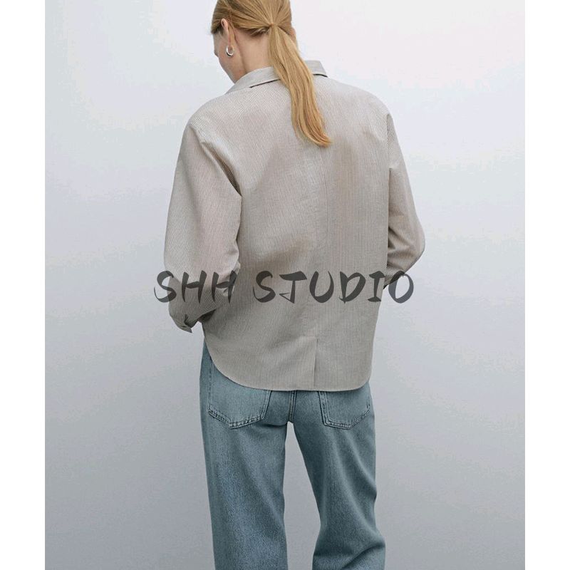 MD Spring/Summer New Arrival Women's Clothing French Style Temperament Commute Style Creamy-white Stripes Short Long Sleeves Shirt 5131831