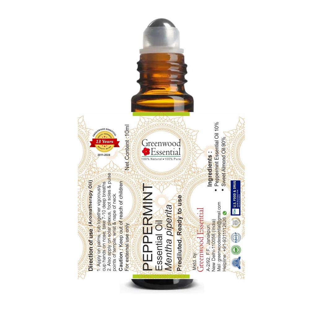 Greenwood Essential Peppermint Essential Oil (Mentha Piperita) Pre Diluted Ready To Use Roll-on Blend for Aromatherapy and Topical Skin Applicati