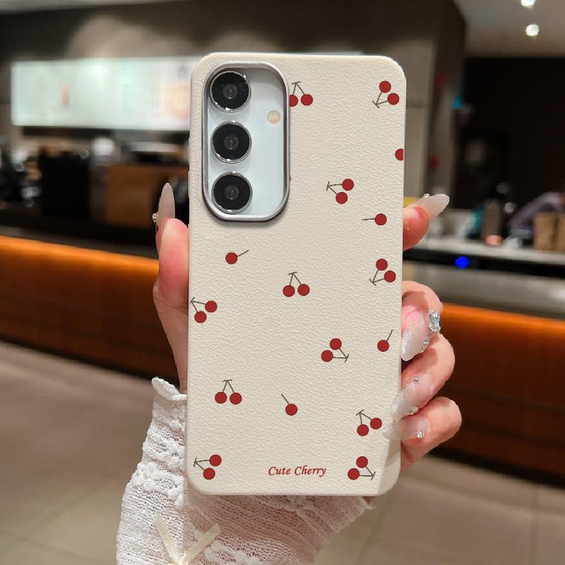 Cherry Wave Point Print Soft Phone Case For Samsung S25 Ultra S24 FE S23 S22 A16 A56 A55 A36 A15 A26 TPU Matte Leather Texture Shockproof Slim Cover